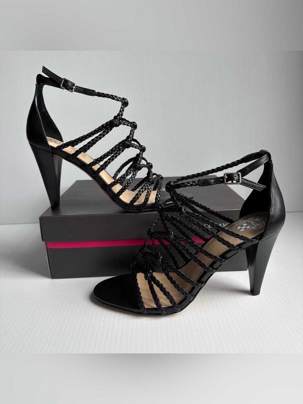 NIB Vince Camuto Black Amellis Buckled Leather Ankle Strap Heels Women’s Size 10